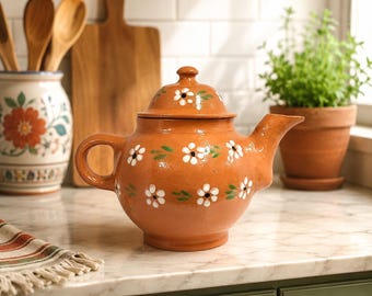 Handmade Mexican Clay Coffee Pot with Lid | Terracotta Barro Coffee Pot | Rustic Floral Ceramic Teapot | Mexican Kitchen Decor Gift
