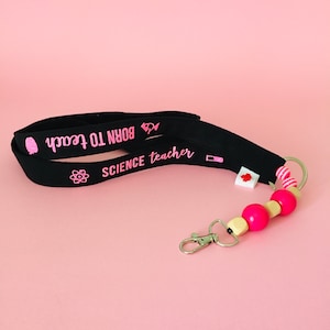 Cordón para profesor de ciencias, color rosa. Cordón para profesor de ciencias, regalo de agradecimiento para ella. Llavero de ciencias, collar de cuentas rosa para profesor.