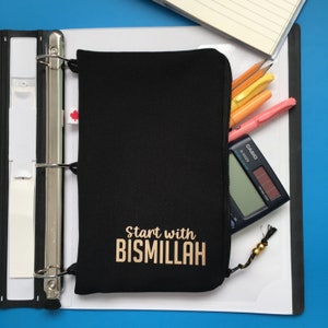 Estojo para fichário preto Start with Bismillah, presente para ela, presente para estudante, organizador de fichário, bolsa para fichário com 3 argolas, presente preto para Eid Ramada