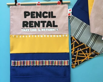 Pencil Rental Banner: Classroom Organization, Holds 36 Pencils, Navy Blue Fabric