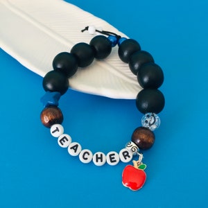 Teacher Bracelet: Beaded Apple Charm, Smiley Jewelry