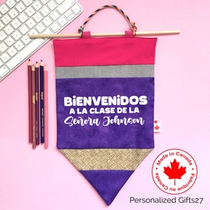Spanish Classroom Decor Welcome Sign Spanish Wall Hanging Teacher Gift for Her Pencil Banner Personalized Name Sign German Classroom