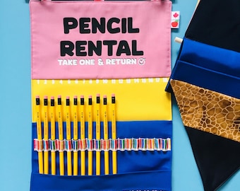Pencil Rental Banner: Classroom Organization, Holds 36 Pencils, Navy Blue Fabric