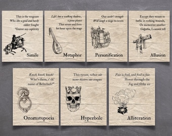 May include: A visual guide to literary devices, with illustrations and definitions. The devices include simile, metaphor, personification, allusion, onomatopoeia, hyperbole, and alliteration.