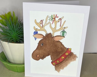 Set of 4 Reindeer Christmas Cards Watercolor PRINT (set of 4)