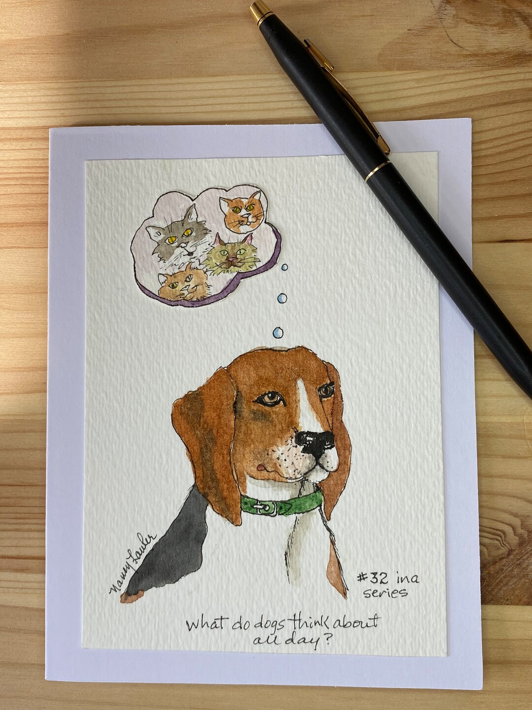 Hand Painted Watercolor Original Art Greeting Card What Do Dogs Think