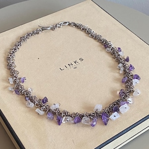 Wunderschöne Vintage Knebelkette sehr selten von Links of London mit klaren und amethystfarbenen Kristallen, aus Sterlingsilber