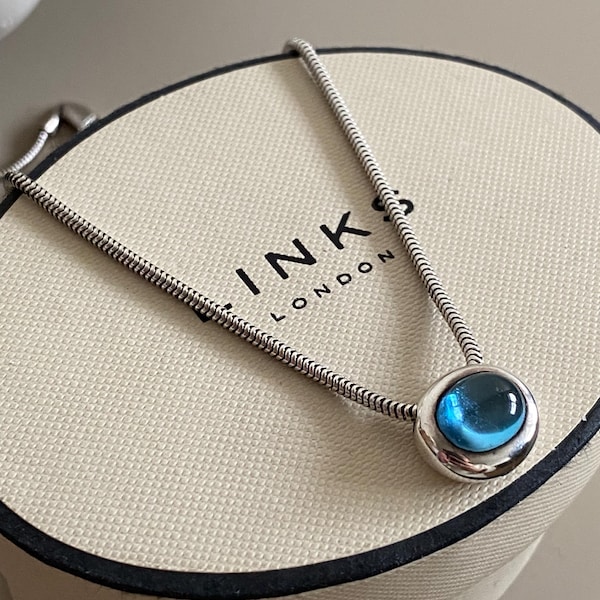 Prachtige Links of London sterlingzilveren slangenketting met ovale blauwe topaas bedel, vintage, echt