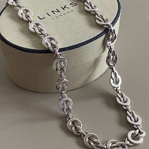 Può includere: Una collana a catena in argento con maglie circolari intrecciate dal design a nodo. La collana è appoggiata su una scatola di presentazione rotonda color crema che riporta la scritta LINKS LONDON in lettere nere sulla superficie superiore.