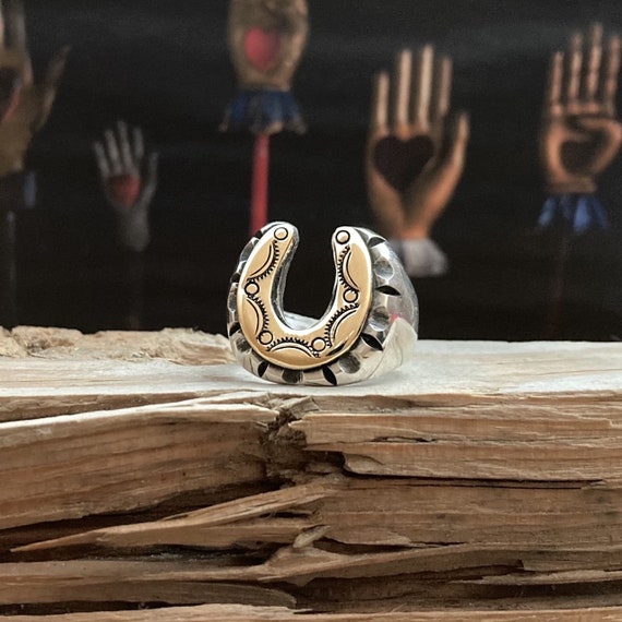 Vintage styled 40 s 50 s stamped horseshoe mexican biker ring