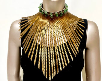 Red Gold Embossed Leather Fringe Choker Adorned With Jade Stones And Emerald Quartz Crystal Beads