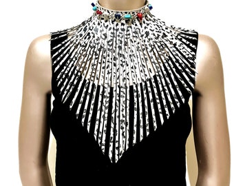 White and Black Embossed Leather Fringe Chokers  Adorned With White Agate, Lapis, Torquise, And Aga Terracotta Gemstones