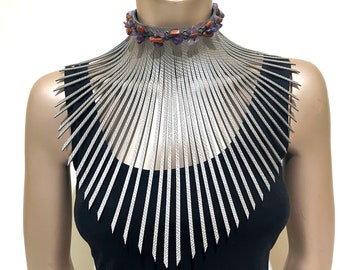 Silver Patterned Embossed Fringe Leather Choker Adorned With Variety Of Stones