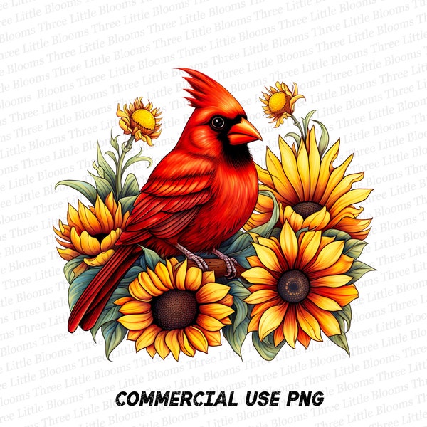 Sunflower Red Cardinal Bird PNG Sublimation Design, Instant Digital Download, Sunflower Clip art, Commercial Use