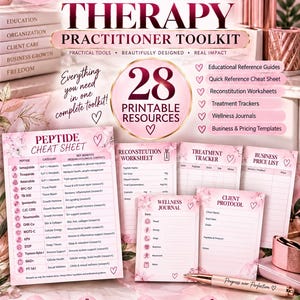 May include: A Peptide Therapy Practitioner Toolkit featuring 28 printable resources including a cheat sheet, reconstitution worksheet, treatment tracker, wellness journal, and business price list, all displayed with pink floral accents and text.