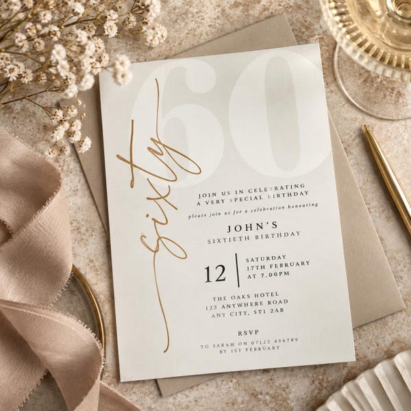 Personalised 60th Birthday Invitations, Elegant Milestone Party Invites, A6 Printed Invitations with Envelopes