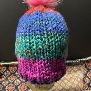 Multi color hat (hot pink Pom)