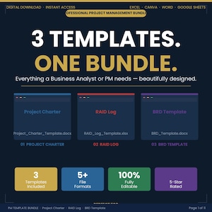 Op de afbeelding: Een digitale afbeelding met de tekst "3 TEMPLATES. ONE BUNDLE." De afbeelding toont projectmanagement templates, waaronder Project Charter, RAID Log en BRD Template. Het benadrukt 3 templates, 5+ bestandsformaten en 100% bewerkbaarheid.