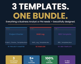 Project Management Bundle | Business Analyst Templates | Project Charter | RAID Log | BRD Template | Canva Word Excel | Instant Download