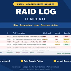 Könnte beinhalten: Eine digitale Vorlage mit dem Titel "RAID LOG" auf dunkelblauem Hintergrund. Die Vorlage enthält Abschnitte für Risiken, Annahmen, Probleme, Entscheidungen und Aktionen. Sie enthält eine Tabelle mit Risikobeschreibungen, Wahrscheinlichkeit, Auswirkungen, Schweregrad und Status. Enthält Excel und Google Sheets.