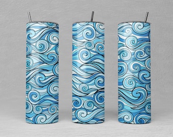 Könnte beinhalten: Drei Edelstahlbecher mit einem blauen und weißen Wellenmuster. Die Becher sind alle gleich groß und haben einen schwarzen Deckel und einen Strohhalm.