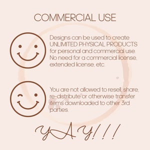 K&ouml;nnte beinhalten: Eine Grafik mit zwei l&auml;chelnden Gesichtern und Text, der "COMMERCIAL USE" lautet und erkl&auml;rt, dass Designs verwendet werden k&ouml;nnen, um unbegrenzte physische Produkte f&uuml;r den pers&ouml;nlichen und kommerziellen Gebrauch zu erstellen. Der Text besagt auch, dass keine kommerzielle Lizenz erforderlich ist. Die Grafik besagt auch, dass Designs nicht weiterverkauft, geteilt, weitergegeben oder anderweitig an Dritte &uuml;bertragen werden d&uuml;rfen.