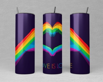 May include: Three stainless steel tumblers with a rainbow design and the text "Love is Love".