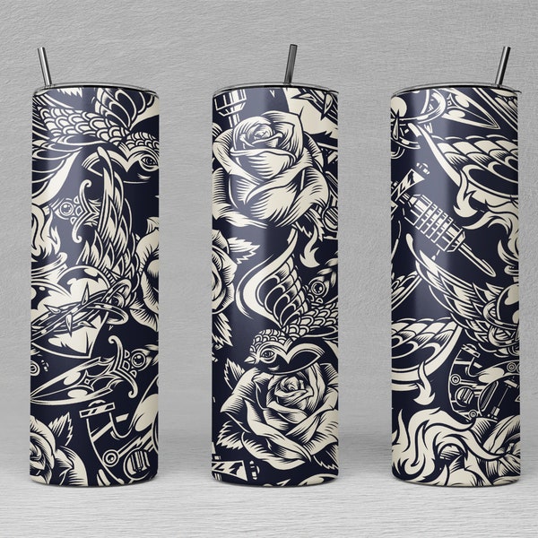 Rose Tattoo Tumbler Wrap: Old School Design (PNG)