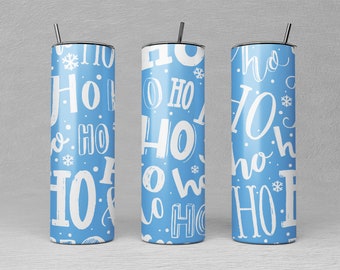 May include: Three blue stainless steel tumblers with white "Ho Ho Ho" text and snowflake designs.