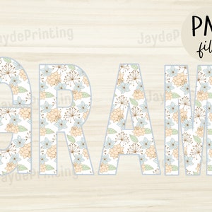 May include: A digital download of a floral pattern design for the word "GRAM" in a light blue and beige color scheme. The letters are outlined in a light blue color.