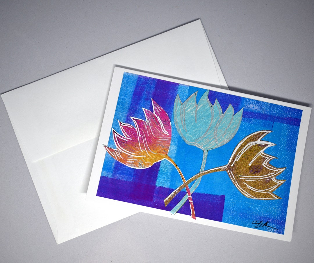 Floral Greeting Card, Collage, Gelliprint, Handmade, Silver and White