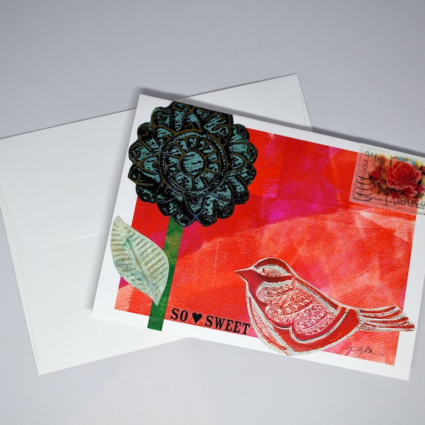 Floral and Bird Design Greeting Card, Handmade, Gelli-Print, Collage Style, Printed from Original, Sentiment" so sweet" 4 x 5 1/2 Blank Card