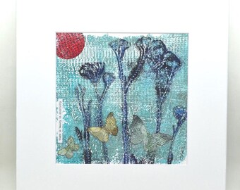 Butterfly Garden Art, Handmade, Mixed Media, Acrylics, 12 x 12 with Mat