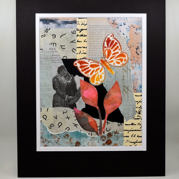 Butterfly Garden Vintage Collage, Handmade, Art Papers, Acrylics, Colorful, One-of-a-Kind Art, Wall Decor, 11 x 14 with Double Mat