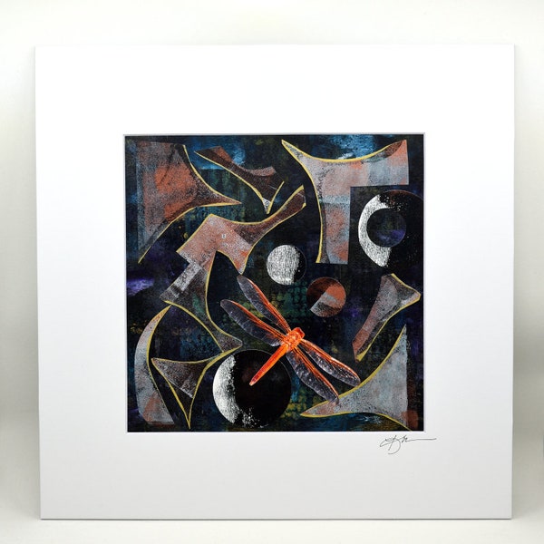 Dragonfly Abstract Wall Art, Mixed Media Collage Art, Handmade, Acrylic Painted, Ink Designs, 12 x 12 Matted Wall Decor