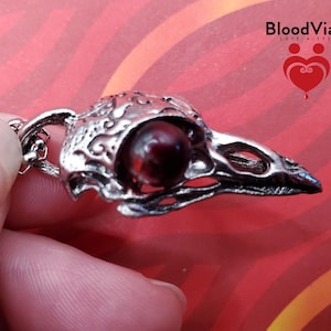 May include: Silver pendant necklace featuring a detailed skull with a red gemstone eye. The pendant is on a silver chain.