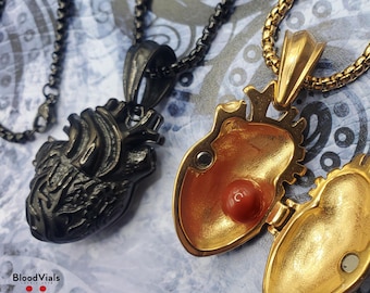 1 Anatomical Black or Goldtone Heart Locket BloodVial Necklace Kit with Matching Chain (BloodBond)