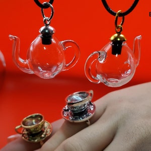 whimsical ring unique necklace blood vial tea cup party Alice in Wonderland