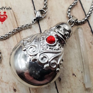 1 Red Gem Bottle BloodVial Necklace & Anticoagulant - 23&quot; Silvertone Chain (BloodBond) - Last One - Discontinued Item