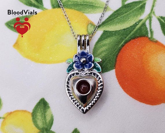1 Flower Heart BloodVial Silvertone Necklace Kit with Stainless Steel Chain 17.75" - 19.75"  (BloodBond)