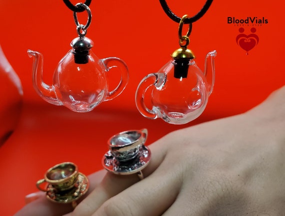 1 Glass Teapot Pendant & Teacup Ring Set BloodVial Kit [Silvertone, Goldtone or Bronzetone] 18" Black Cord Tea Party (BloodBond)