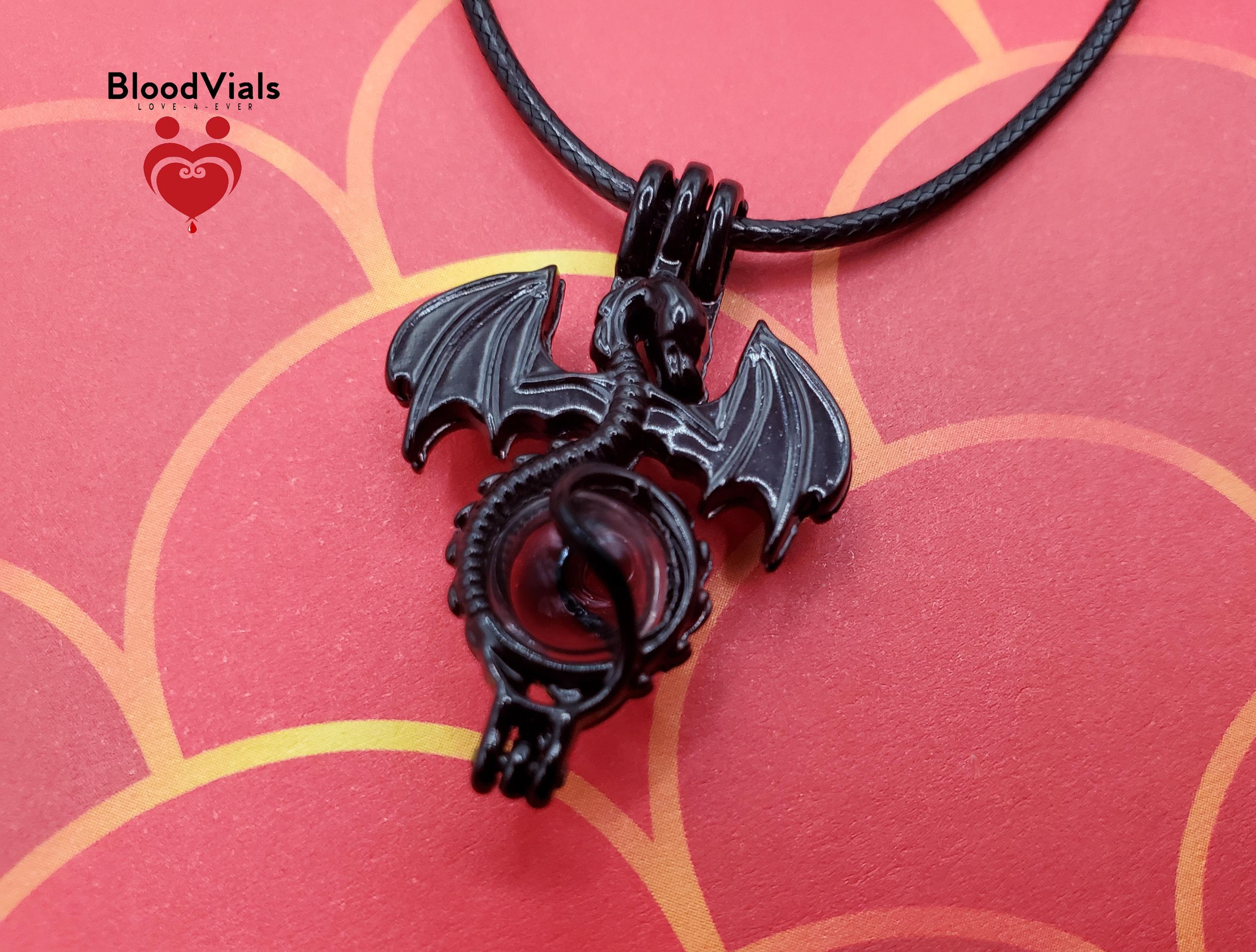 1 Black Dragon BloodVial & Anticoagulant Pendant Kit Necklace (BloodBond) with 18" Cord