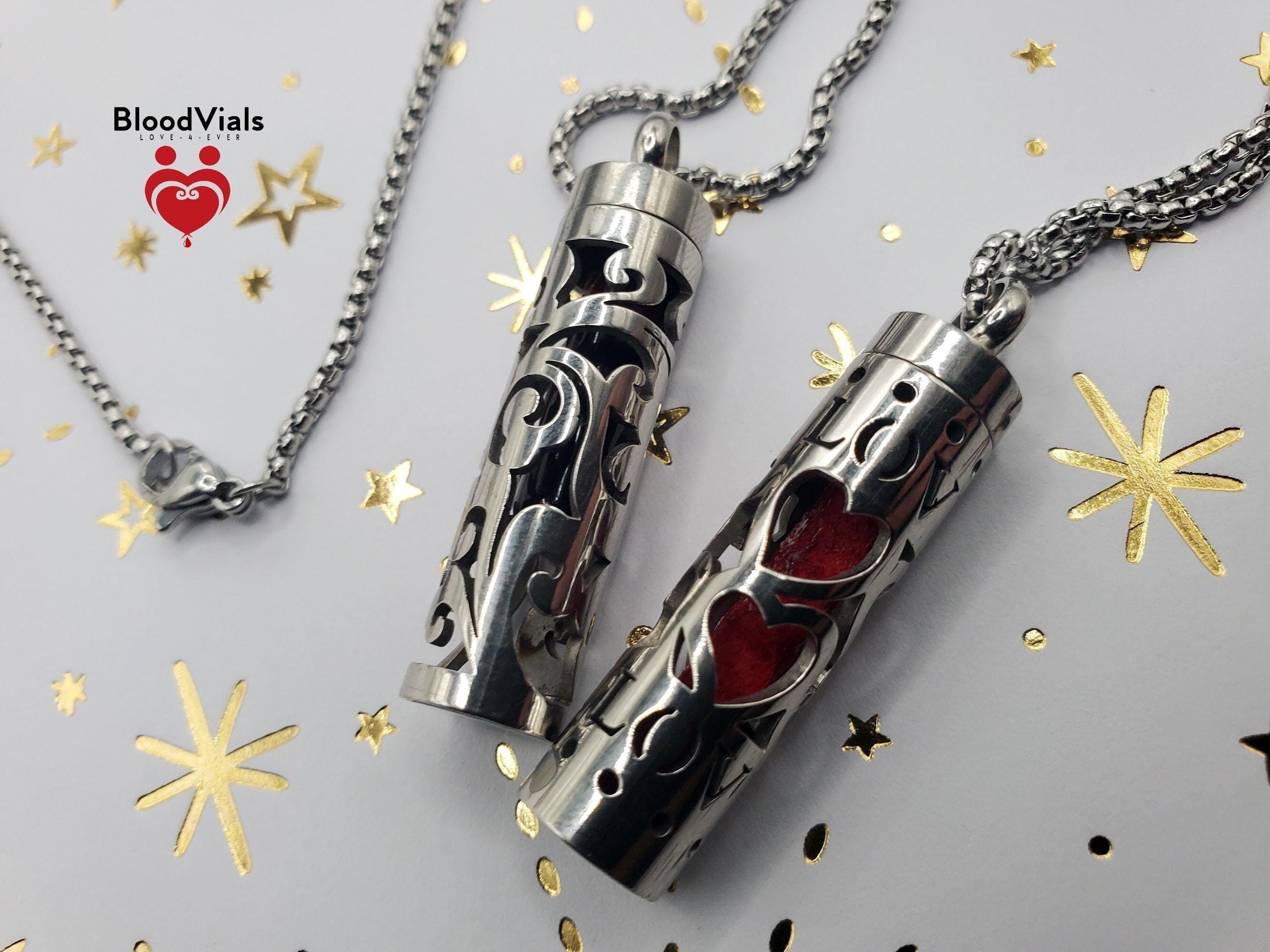 1 Cylinder BloodVial Swirl or Love Heart & Anticoagulant Pendant Kit Necklace (BloodBond) with 27.5" Silvertone Chain
