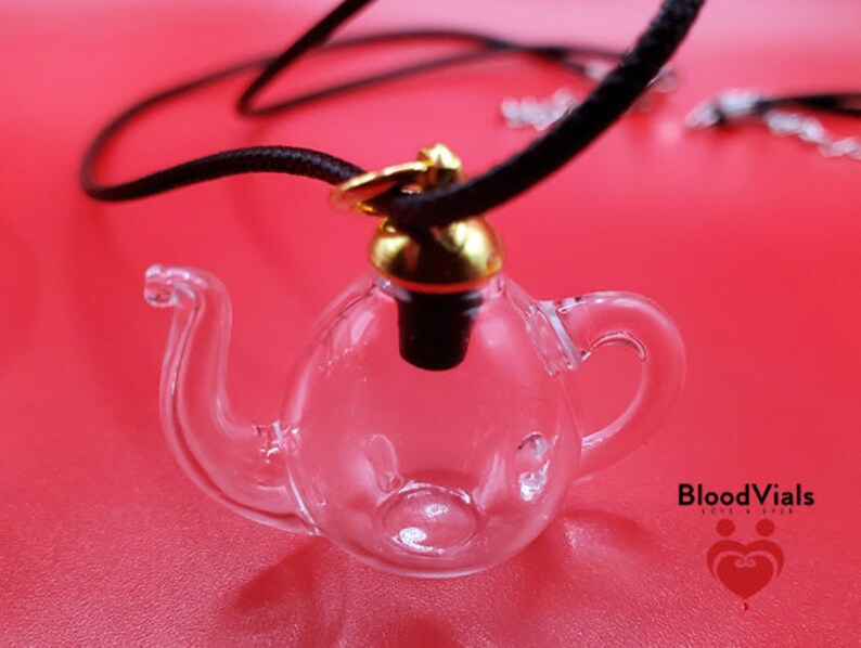 May include: A clear glass teapot-shaped vial pendant with a black cord necklace. The vial has a gold-colored cap and a black stopper. The background is a solid red color. The text "BloodVials" is visible in the lower right corner.