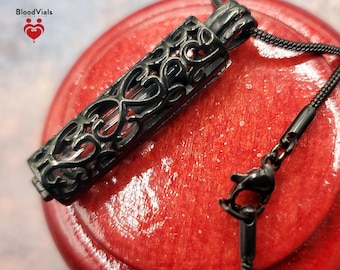 1 Black Heart Lattice Cylinder BloodVial Pendant Necklace Kit with 21" Snake Chain (BloodBond)