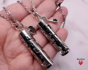 2 Cylinder BloodVials Swirl Pendant Necklaces Set Kit with 20" Silvertone Stainless Steel Chain (BloodBond) [Last One]