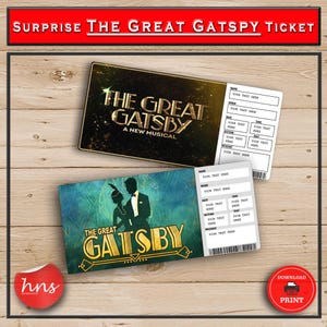 The Great Gatspy Surprise Event Ticket zum Ausdrucken. Bearbeitbares Musiktheater Faux Event Eintritt Souvenir Andenken. PDF Download Word