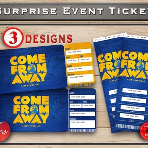 Come From Away Bilet niespodzianka na Broadway do wydrukowania. Edytowalny musicalowy teatralny fałszywy bilet wstępu na wydarzenie pamiątkowe. PDF i WORD.