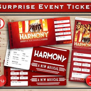 HARMONY Wydrukowany bilet niespodzianka na Broadway. Edytowalny musicalowy teatralny fałszywy wstęp na wydarzenie pamiątkowe. Pobierz plik PDF Word
