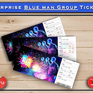 Blue Man Group Broadway-Überraschungskarte zum Ausdrucken. Bearbeitbares Musiktheater Faux Event Eintritt Souvenir Andenken. PDF oder Word.